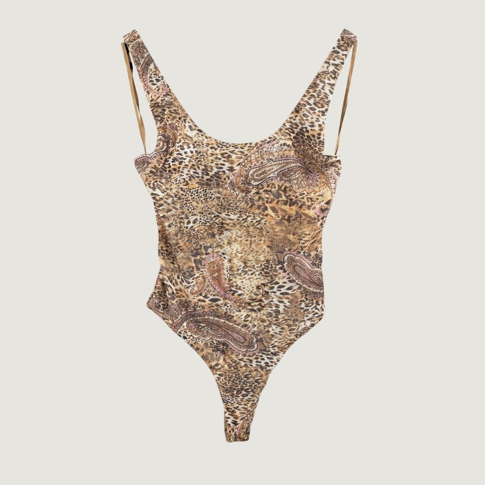 L'AGENCE Kalea Mesh Bodysuit Small Brown Leopard Paisley Thong Size Small